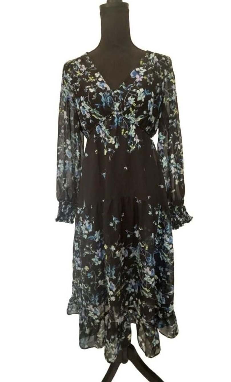 Taylor Petite Floral Print Ruffled-Hem Midi Dress Black Blue